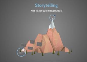 Afbeelding van een presentatie over storytelling waarbij hoogtevrees als thema is gekozen. De presentatie loopt van laag naar hoog een berg op.