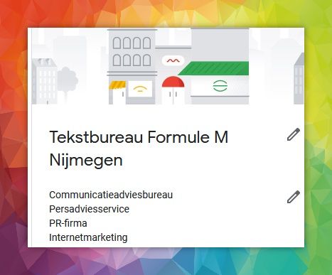 Uitsnede van Google Business pagina van tekstbureau Formule M