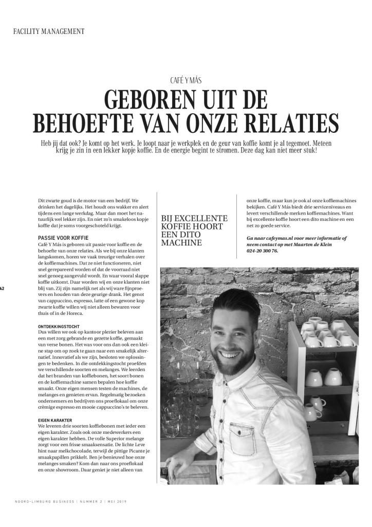 Artikel in het Noord-Limburgs Business blad Het bedrijfsverhaal van Cafe y Mas geschreven door tekstbureau Formule M Nijmegen.