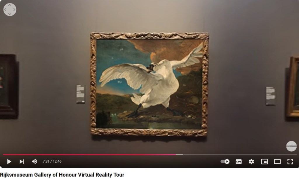 Screenshot uit de VR rondleiding van Rijksmuseum. In beeld de bedreigde zwaan. Een schilderij van de schilder Jan Asselijn uit rond 1650. 