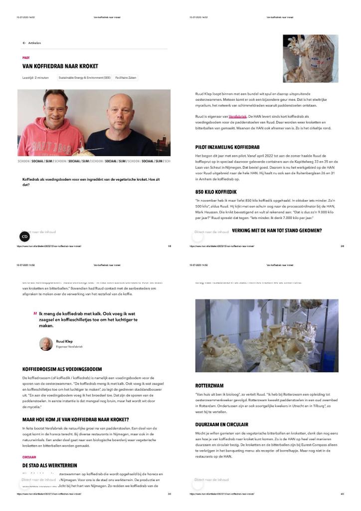 Van koffiedrab naar kroket. Artikel op de nieuwspagina van de HAN.